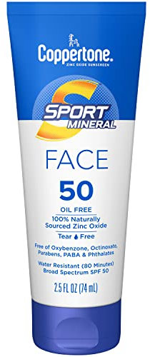 Coppertone SPORT Sonnenschutz für Gesicht, Zinkoxid Mineral Sonnenschutz SPF 50, Öl-frei, Reisegröße, 2.5 Fl Oz Tube