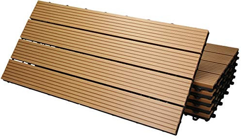 ECD Germany WPC Terrassenfliesen 60x30 cm/24 Stück=4m², Teak, geriffelt, Holzoptik, Bodenbelag mit Klicksystem und Drainage, Terrassendielen Balkonfliesen, Klickfliesen für Terrasse, Garten und Balkon