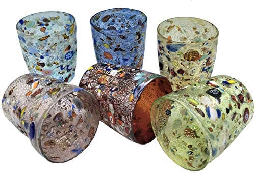 Set of 6 water glasses assorted colors Goto Venetian with Silver Leaf Murano Glass made in Italy