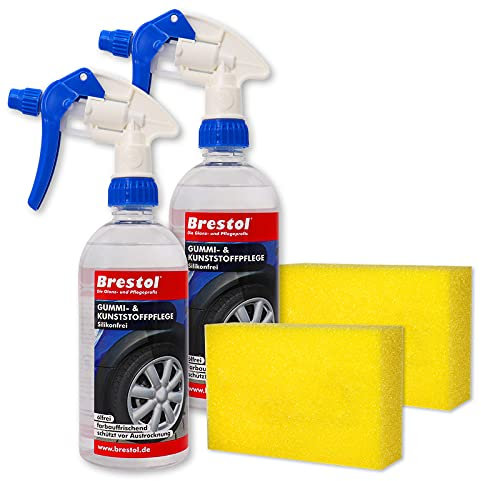 Brestol Cura della Gomma in plastica, Senza Silicone, 2 x 500 ml + Spugna per lucidatura + Testina Spray (7591.7) per la Cura dei Pneumatici, per la Cura dei Bordi dei Pneumatici