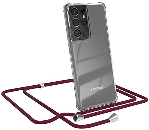 EAZY CASE Handykette kompatibel mit Samsung Galaxy S21 Ultra 5G Handyhülle mit Umhängeband, Handykordel mit Schutzhülle, Silikonhülle, Hülle mit Band, Stylische Kette für Smartphone, Burgunder Rot