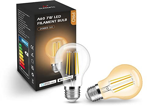GLEDOPTO E27 ZigBee Smart Filament CCT Leuchtmittel kompatibel mit Philips Hue*, Alexa & Google (Bridge erforderlich), 2200-6500K (A60, Amber)