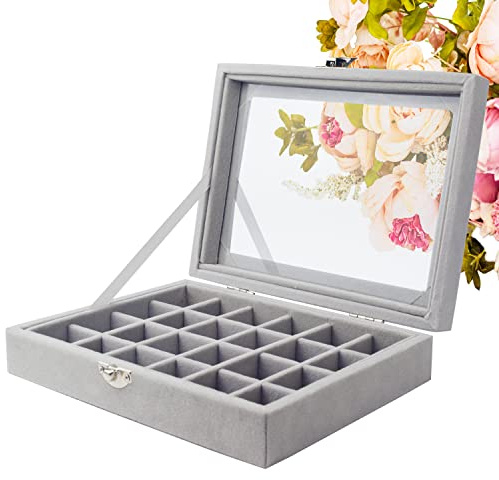 SUPPRUI Ohrring-Aufbewahrungs-Organizer aus Samt, Schmuck-Ringe, Display Box mit transparentem Deckel, Vitrine für Zuhause, Geschäft, Ankleidezimmer (grau-24 Raster)