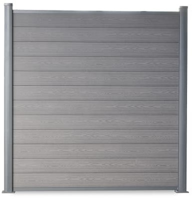 wpc sichtschutzzaun l sichtschutz zaun holz optik I Gartenzaun Komplettset Aluminiumpfosten I zum Einbetonieren I Grau (1x Feld mit 2x Pfosten, Pfosten zum Aufschrauben)