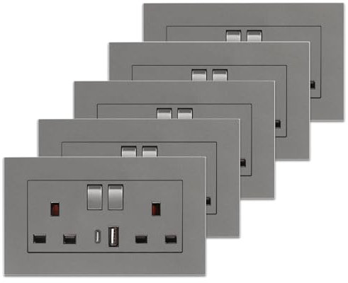 5 Pack CNBINGO Double Switched Power Socket with Dual USB Charging Ports (Type A and C), Grey 13 Amp Electric Wall Socket
