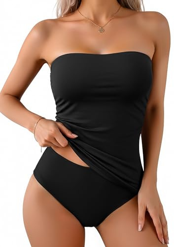 Aqua Eve Bandeau Swimsuits for Women Two Piece Bathing Suits Ruched Tummy Control Tankini Sets Strapless Swimwear, Black, X-Large