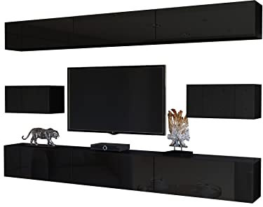 BROMARKT Premium Wohnwand Wohnzimmer Set 8 Teile - Wohnzimmer Schrank - Wohnzimmer Möbel mit Wandschrank- Wohnwand Modern - Wohnzimmerschrank Komplett Möbel - Hochglanz Schwarz