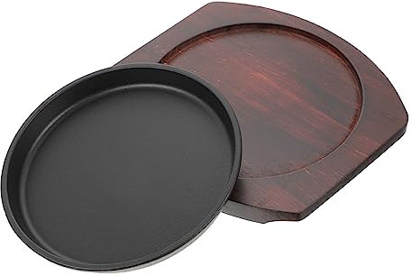 YARNOW 1 Set Padella Rotonda Teglia Per Forno Base in Legno Ciotola Piatto Di Bistecca Alla Griglia Piatto Da Bistecca Griglia Server Di Legno Kit Pizza Ferro Basamento in Legno Barbecue