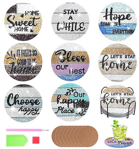 Fippy 8 Stück Diamond Painting Untersetzer mit Halter, DIY Diamond Art Untersetzer, 5D Buchstabe Diamond Painting Untersetzer für Anfänger Erwachsene Kinder
