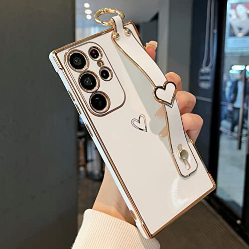 ZTOFERA Compatible with Samsung Galaxy S22 Ultra 5G (6.8) Case with Wrist Strap, Soft Silicone Protective Phone Case with Cute Heart Pattern Kickstand Wristband Plating Trim Shockproof Cover, White