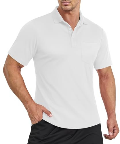 EKLENTSON Mens Polos Short Sleeve Polyester Quick Dry Collared T Shirt with Pocket Summer Lightweight Breathable Golf Tennis Casual Polo Shirt White,L
