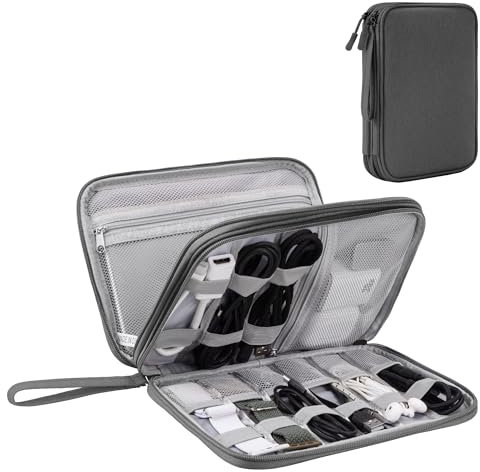Organizador de Cables para Viaje con Doble Capa - Bolsa Técnica Impermeable para Cargadores, Teléfonos, Auriculares, Tarjetas | Travel Essentials para Viajes Accesorios, L, Gris Oscuro