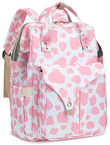 Mimfutu Kuhdruck Rosa Rucksack Damen 15,6 Zoll Laptop Rucksack Schulrucksack Mädchen Teenager für Schule Arbeit Uni Studenten Lehrer Business Büro