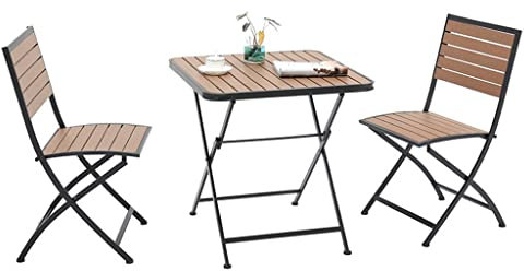 Bistro-Set für den Außenbereich, 3-teilig, rund, aus Holz, klappbar, Gartentisch und Stuhl, Stühle aus Karbonstahl mit Holzplatte, Klappstühle für die Terrasse, Möbel