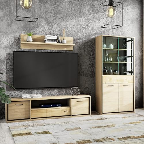 Lomadox Wohnwand 3-teilig Wohnzimmerschrank Bücherregal Lowboard Vitrinenschrank Glas Kommode modern in Eiche