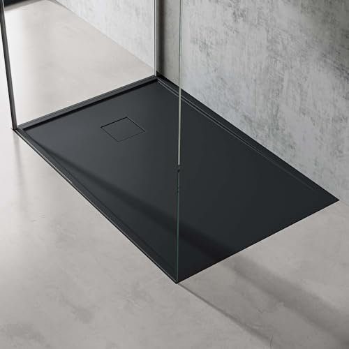 Sogood Receveur de Douche à Carreler à Poser en Solid Surface Bac à douche Rectangulaire Extraplat Gris Noir Mat avec Bonde et Cache Bonde Design Geoma08 80x120cm