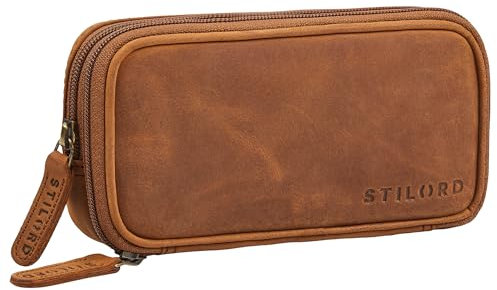 STILORD 'Fiore' Leder Federmappe Vintage mit Reißverschluss Stiftemappe Federmäppchen Etui Schule Uni Echtleder Kosmetiktasche für Damen und Herren, Farbe:tan - Dunkelbraun