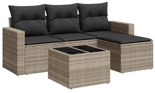 vidaXL Garten Sofa Garnitur 5-TLG., Gartenmöbel Set mit Kissen, Sitzgruppe für Garten Terrasse, Modular Gartensofa Hocker Lounge, Tisch mit Glasplatte, Hellgrau Poly Rattan