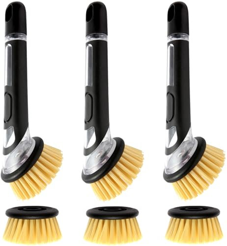 Befüllbare Spülbürste, 3 Stück Spülbürste Mit Spülmittelspender Küchenbürste Für Topf, Pfanne, Spüle Reinigung Multifunktionale Geschirrbürste mit 3 Ersat Bürsten Köpfe Spülbürsten mit Stiel