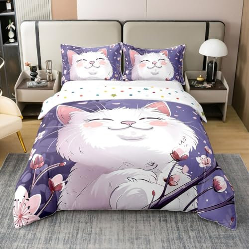 Loussiesd Nette Katze Druck 100% Baumwolle Bettwäsche Set 155x220cm Floral Tier Katze gedruckt Betten Set für Cartoon Katze Bettbezug Set