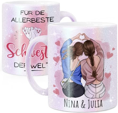 Tassenliebling® Schwester Geschenk Glitzer Tasse personalisiert für kleine oder große Schwester - Tasse Schwester - Schwesterherz - Perlmutt - Sister - Beste Schwester Geschenke