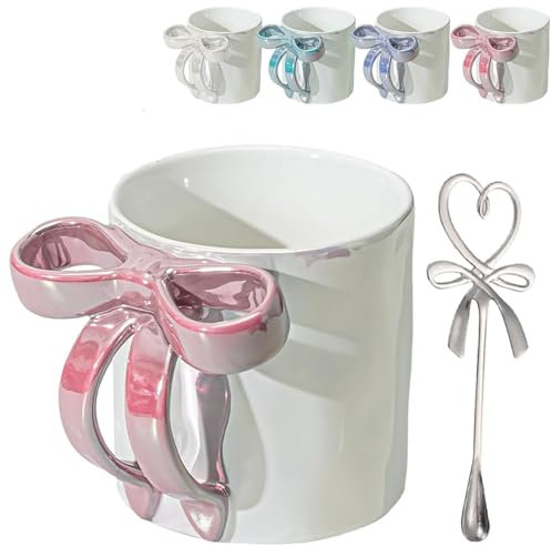 Charmantes tasses en ruban de 350 ml avec nœud et poignée en forme de nœud - Tasse de Noël rose en céramique pour femme, amie, collègue, Saint-Valentin, Noël, anniversaire (rose)