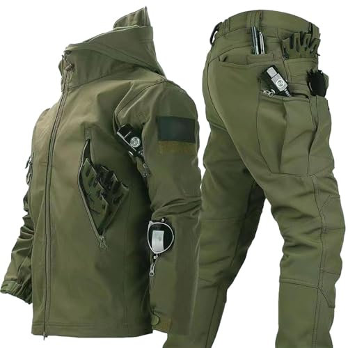 TAUIANE Herren Outdoor Skianzug Softshell Jacke Warmhaltendes Set Aus Skijacke Und Schneehose MilitäRbekleidung Kampfanzug Jagdbekleidung Outdoor ReißVerschluss Kapuzenpullover,Army Green,L