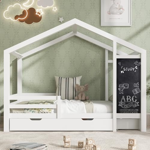 TIZZ Kinderbett Hausbett, Massivholz mit Zaun und Lattenrost, Holzbett mit Tafel und 2 Schubladen,Weiß, 90x200cm (ohne Matratze)