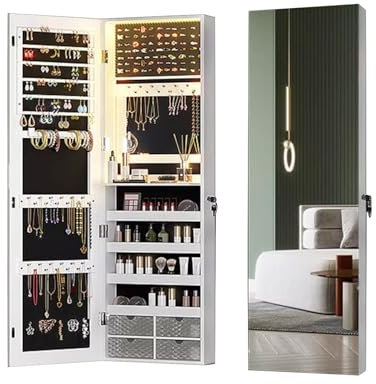 SanzIa LED-Spiegel-Schmuckkabinett, Interieur Makeup-Spiegel Wandmontage tür Hängend Abschließbar Schmuck Schrank für Make-up und Schmuck Organizer(Right Open)