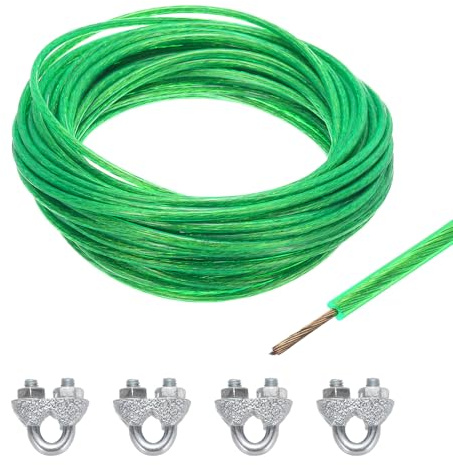 QUARKZMAN 15 Meter x 4mm Drahtseil Verzinkte, Stahlseil Spanndraht Ummantelt mit 4 x M5 Drahtseilklemme, Stahlkern Gardinenseil Wäscheleine Forstseil für Kletterpflanzen Vorhang, Grün
