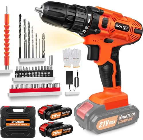 Yiyai 21V Akkuschrauber Set, 45NM Max Akku bohrschrauber mit 2x2000mAh Akkus und Ladegerät, 25+1 Drehmoment Akkuschrauber mit 2 variablen Geschwindigkeiten und 29pcs Zubehör Akku Bohrmaschine für Haus