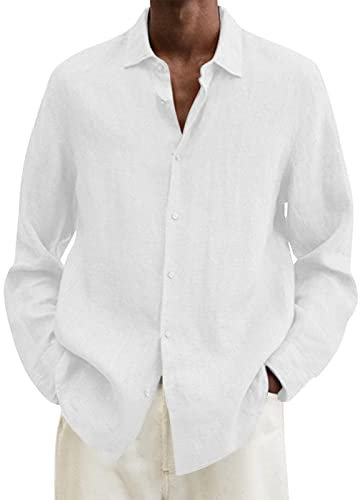 Camicia Lino Uomo Estiva Elegante Camicia da Spiaggia Casual Leggera Cotone E Lino Henley Shirts Maniche Lunghe Vacanze T-Shirt da Uomo Coreana Tinta Unita vestibilità Regolare Hawaii in Maglietta