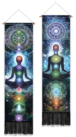 PLIGREAT 2er Pack Chakra Wandbehang mit Quaste, Yoga Meditation Ästhetischer Wandbehang Lotus Spirituelle Vertikale Zuhause Kunst Wandteppich für Schlafzimmer Wohnzimmer Badezimmer Kunst Dekor