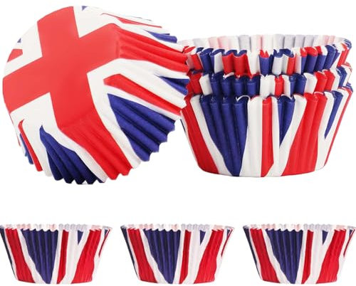 MORAINJAY 100pk Union Jack 80th VE/VJ Day Anniversary Cake Cups,British Flag Paper Baking Cases Muffin Cases,Non-Toxic Odorless,Standard Size Patriotic Party Supplies