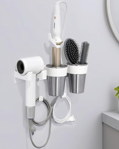 CHOCHOYAH Föhn und Glätteisen Halterung, Fönhalterung ohne Bohren aus hochwertigem Aluminium in Weiß, hitzebeständig & platzsparend, mit 2 Edelstahl-Bechern, langlebige Wandhalterung für Badezimmer