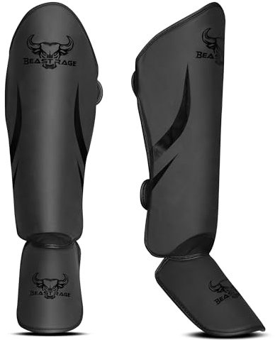 Beast Rage Parastinchi Muay Thai per MMA, Kickboxing, Arti Marziali – Protezioni Resistenti per Gambe e Piedi, Paracolpi con Cinturini Regolabili, Vestibilità Sicura, Comfort e Durabilità (NERO, S/M)