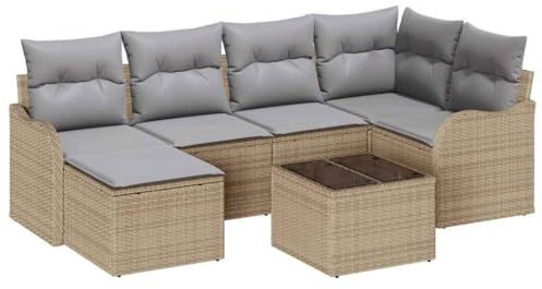 vidaXL 7-teiliges Garten-Sofa-Set mit Kissen in Beige und Grau. Modulares Ecksofa, wetterfest, für Terrasse und Balkon. Bequeme Lounge-Möbel im modernen Rattan-Look.
