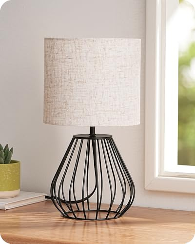 EDISHINE Bedside Lamp, Table Lamp with Metal Cage Base & Linen Lampshade, Modern Lamps for Living Room Bedroom, E14 Socket (Bulb Included), Teardrop Cage, Black