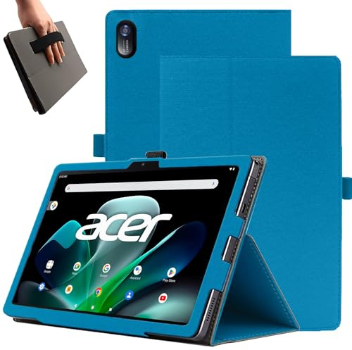 KZIOACSH Case for Acer Iconia Tab M10 10.1 inch, Premium Leather Reinforced Corners Folding Stand Anti-Drop Shockproof Rugged Protective Cover with Pencil Holder and Wrist Strap, Peacock Blue