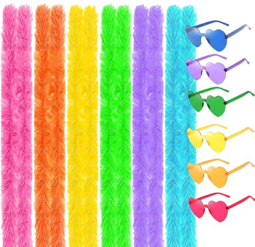 12 PCS Feather Boa Set, Feather Boas Multipack, Colorful Feather Boas for Prom, Wedding Party, Role Play, Carnival, Halloween Accessories for Women, With Heart-Shaped Frameless Sunglasses
