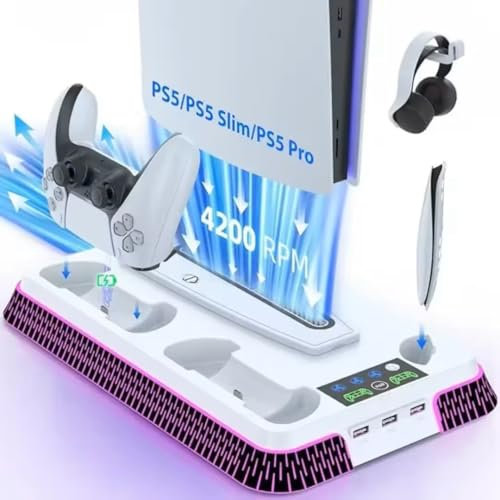 Ultipro Max Soporte Vertical para PS5 Slim Pro RGB Base Estacion de Enfriamiento con Ventilacion e Iluminación, Carga para 2 Mando, Incluye 2 Protectores Antideslizantes para Mando de Regalo