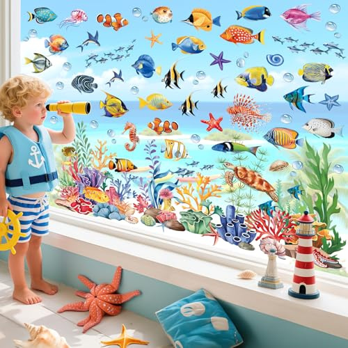 wondever Fensterbilder Unterwasserwelt Tropische Fisch Fenstersticker | Wiederverwendbar, Doppelseitig Statisch PVC Fensterdeko, Fenster Vogelschutz, Sommer Deko für Glas Tür Wohnzimmer Küche