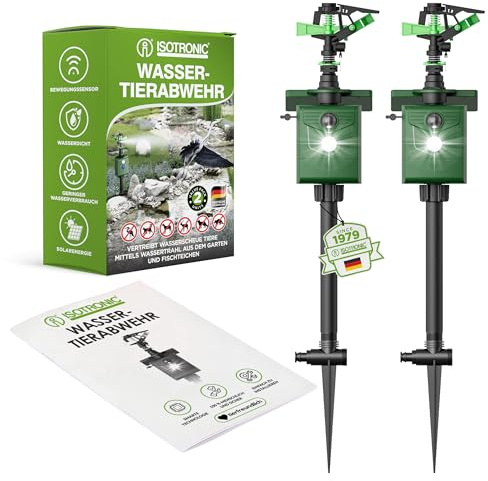 ISOTRONIC® Wasserstrahl Plus Licht Tiervertreiber Solar | Solarbetriebene Hunde-Katzen-Abwehr | Vogel-Reiher-Schreck für Garten | Bewegungsmelder I Reichweite einstellbar I Wildtierabwehr (2)
