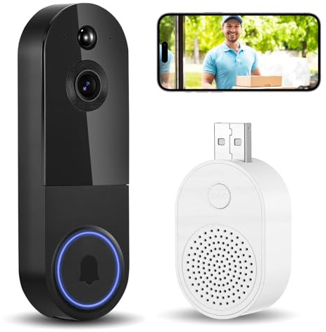 ZESTEFY Wireless Wi-Fi Video Doorbell, Rechargeable with Camera and Receiver, 2K HD Night Vision, 170° Wide Angle, AI Detection, Two-Way Audio, IP65 Waterproof, Compatible with (Black)