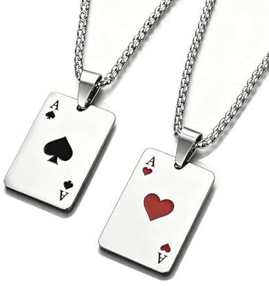 2 Stück Edelstahl Ass Spielkarte Halskette,Pik und Herz Ass Poker Silber Halskette Herren,Paare und Herren Geschenkidee,Rock,Gothic,Punk,Hip Hop Anhänger Schmuck für Festival Karneval Thema Party
