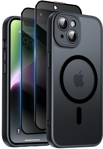 Qasyfanc for iPhone 14 Case, Privacy Screen Protectors X2, Black | Compatible with MagSafe, Camera Protection, 15FT Military Drop Protection, Translucent Matte Shockproof Phone Cover