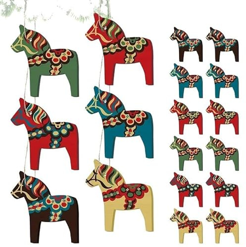 12 Stück schwedische Dala-Pferd-Weihnachtsschmuck aus Holz, Dala-Pferd, hängende Anhänger, dekorative -Pferd-Figur, Weihnachtsdekoration für Zuhause, Weihnachtsbaum, Party