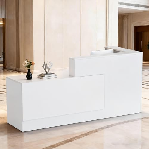 L-förmiger Empfangstisch mit Abschließbaren Schublade & Ablagefächern, Empfangstheke Empfangstresen mit Offenen Regalen & Tastaturablage, Moderne Rezeptionstisch aus Holz für Büro, Lobby, Salon, Café