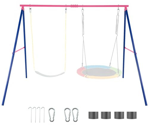 DREAMADE Portique de Balançoire Extérieur 1,8M, Structure Métallique en A pour Enfants 3+, 2 Place, Charge Max 300 KG(Rose)