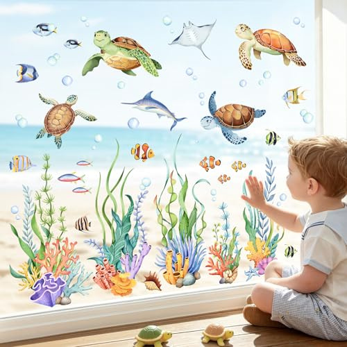 Supzone Fensterbilder Kinderzimmer Schildkröte Seegras Fensteraufkleber | Unter dem Meer Ozean Fisch Unterwasser Fenstersticker Sommer Frühling Anti-Kollision Badezimmer Fensterdeko